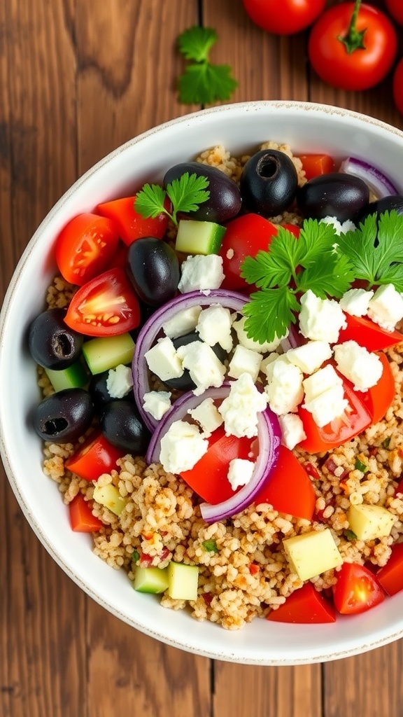A vibrant quinoa Greek bowl with tomatoes, cucumbers, olives, feta cheese, and parsley on a rustic table.